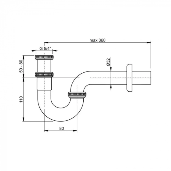 Сифон для умывальника D32 U-форма с гайкой 5/4 Alcaplast (A432). Чехия.