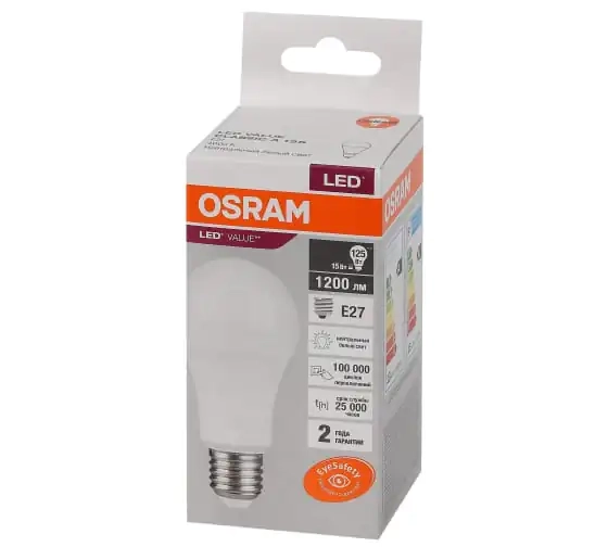 Светодиодная лампа OSRAM 15Вт Е27 4000К. Нейтральный белый свет. РФ.