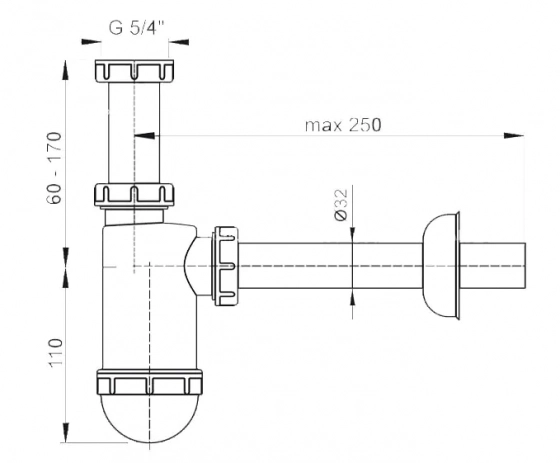 Сифон для умывальника DN32 с нак-ой гайкой 5/4" Alcaplast A430. Чехия.