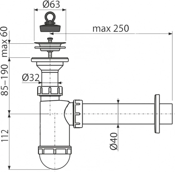 Сифон для умывальника 40 с решеткой 63 + 6/4"×40/50 Alcaplast. Чехия.