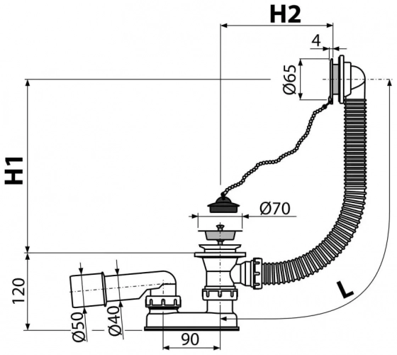 Сифон для ванны хромированный Alcaplast (A501). Чехия.