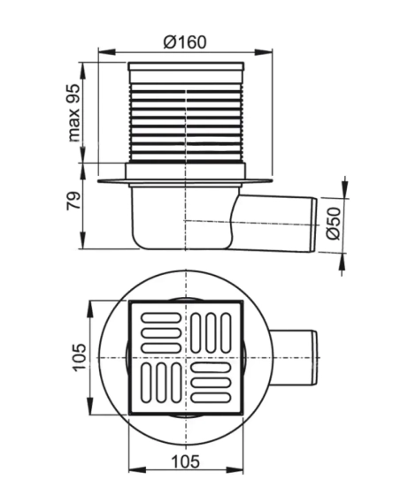 Трап для душа Alcaplast горизонтальный 105x105/50 APV1 BL 01. Чехия.