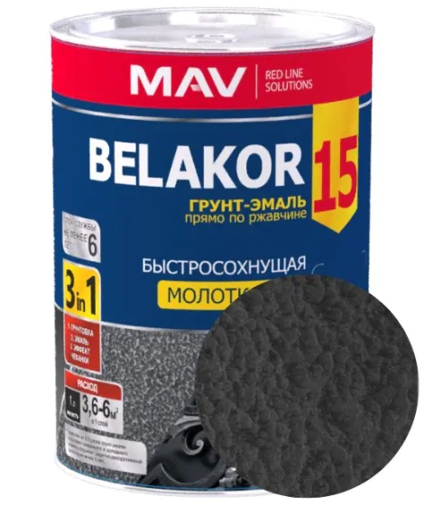 Грунт-эмаль Belakor 15 по ржавчине 3 в 1 молотковая MAV. Черный антрацит. 1 л. РБ.