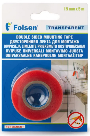 Двусторонняя PET лента Folsen 19мм х 5м в инд. упаковке, прозрачная. РФ.