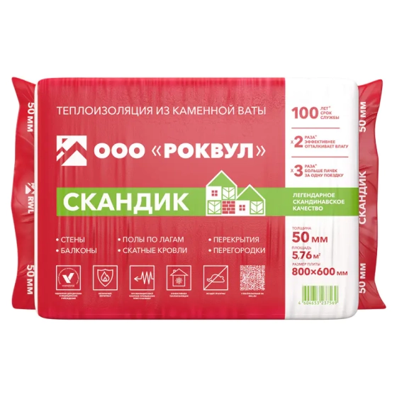 Минеральная вата Rockwool Лайт Баттс Скандик 50 мм. В пачке 5,76 м.кв. РФ.